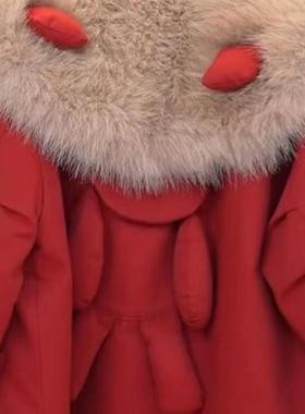 女童加绒拜年服2025新款冬装派克服大儿童加厚红色本命年过年外套