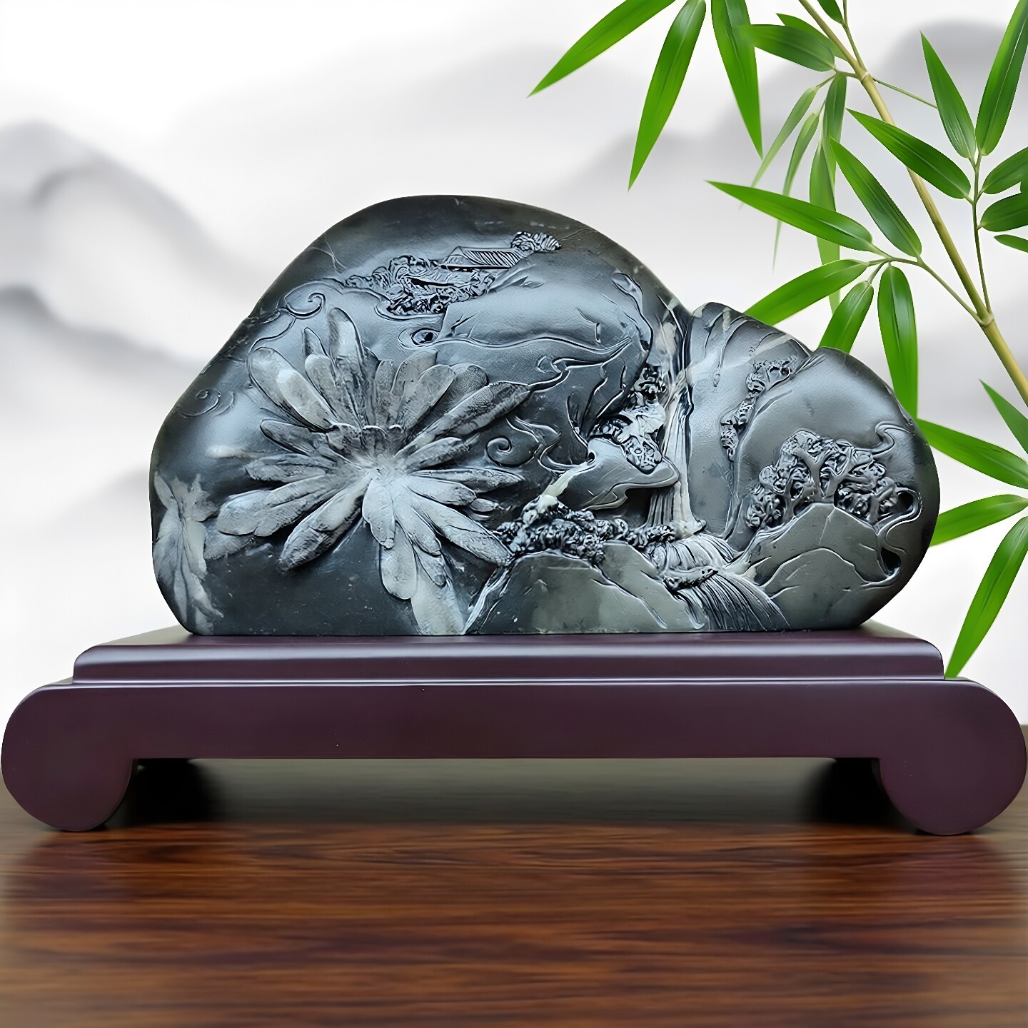 浏阳天然菊花石雕山水桌面摆件家居装饰观赏石客厅办公室工艺礼品