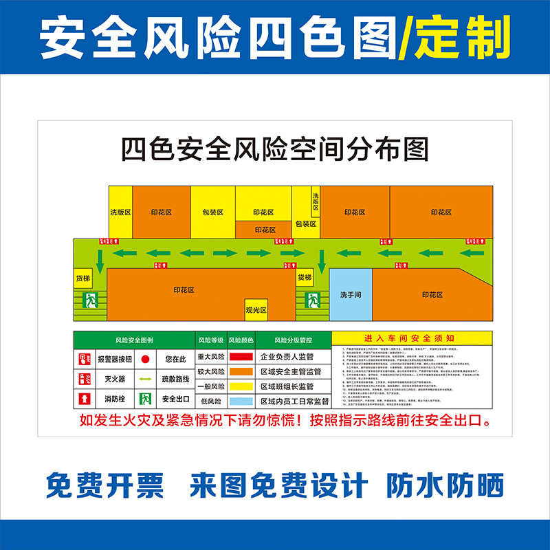 安全风险四色图车间分级管控分布图kt板雪弗板逃生应急消防疏散图