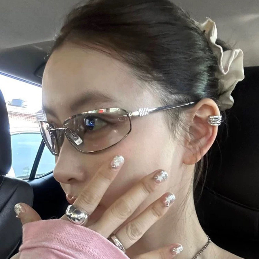 y2k复古水银色无框墨镜女欧美时髦椭圆形猫眼ins春夏曲面太阳眼镜