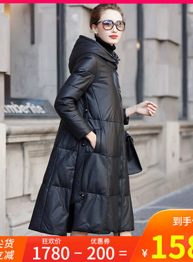 2026冬新款女海宁绵羊皮真皮羽绒服中长款连帽宽松A字型皮衣外套