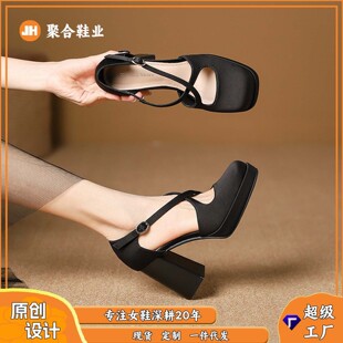 3359-2 交叉带包头罗马鞋凉鞋新款夏季浅口粗跟绑带方头高跟女鞋