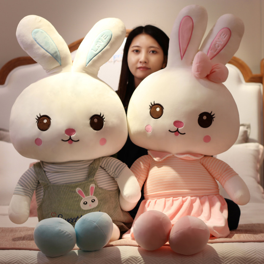 귀여운 플러시 장난감 토끼 헝겊 인형 침대 잠자는 베개 흰 토끼 인형 인형 소녀를위한 생일 선물