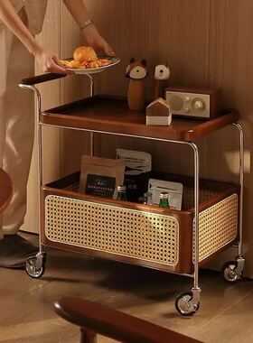 复古实木藤编带轮客厅收纳茶几