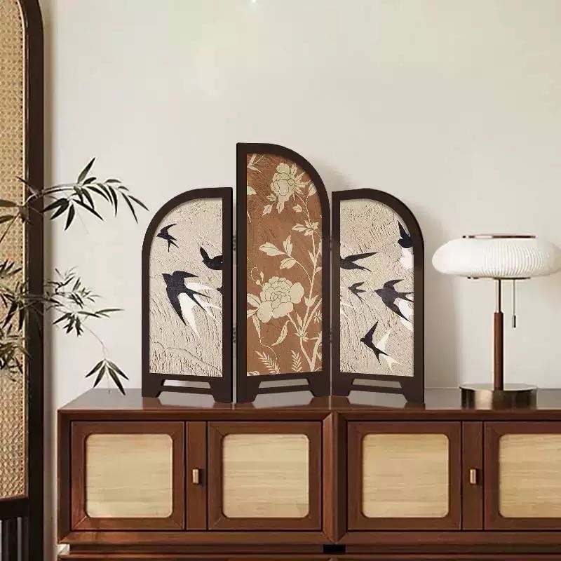 新中式实木折叠屏风手工摆件