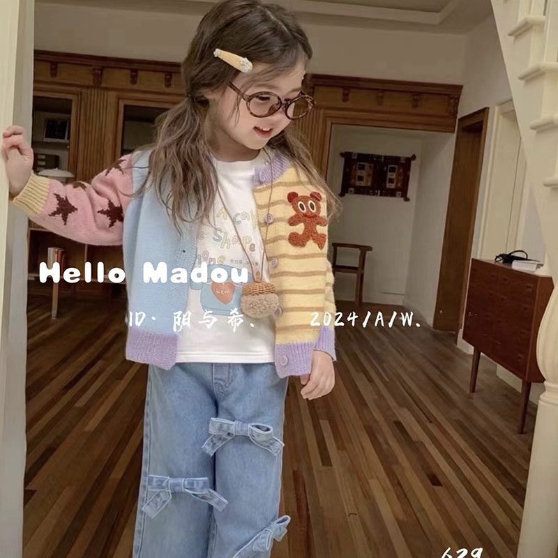 儿童针织开衫毛衣外套打底衫裤子加绒打底裤男女童套装牛仔裤秋冬