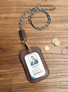 PUEBLO植鞣皮公交卡套头层牛皮工作牌证件套带挂绳胸卡出入工作证