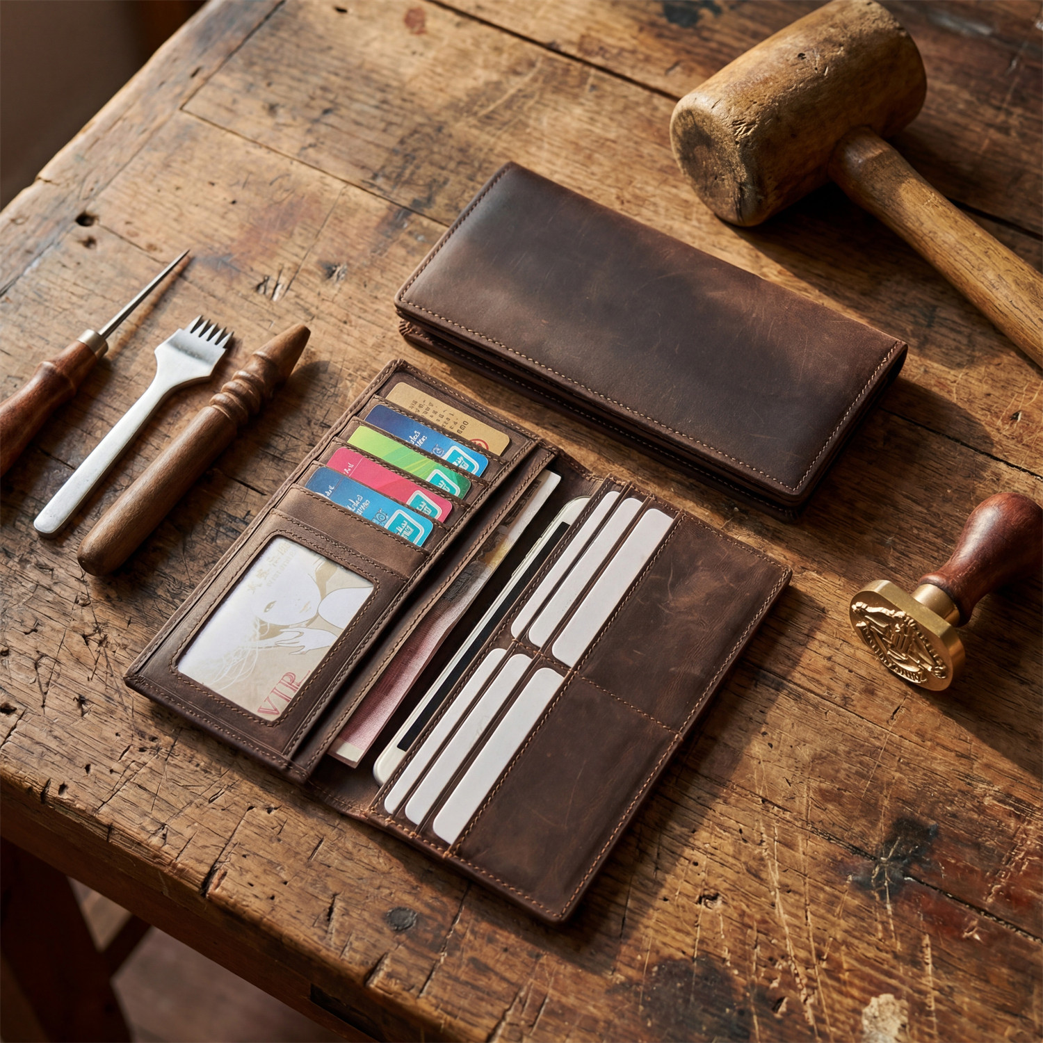 复古男款疯马头层牛皮长款钱包男士真皮多卡位大容量钱夹青年皮夹