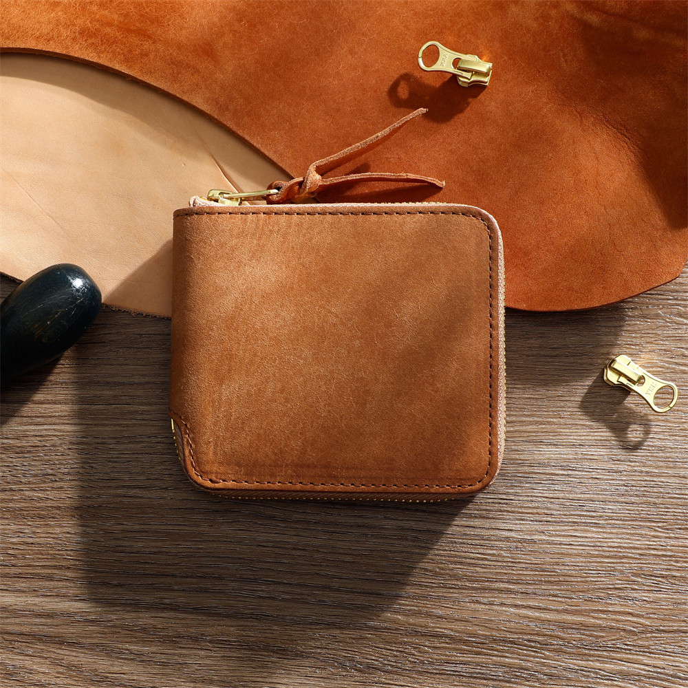 复古男士植鞣头层牛皮短款钱包男式真皮多卡位皮夹个性拉链钱夹