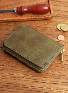 PUEBLO磨砂植鞣皮男女短款头层牛皮钱包YKK拉链钱夹真皮小零钱包