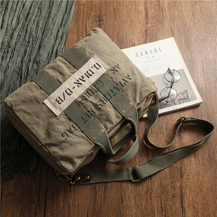 复古飞行员手提包 重工水洗做旧帆布旅行袋美式军包配牛皮大容量