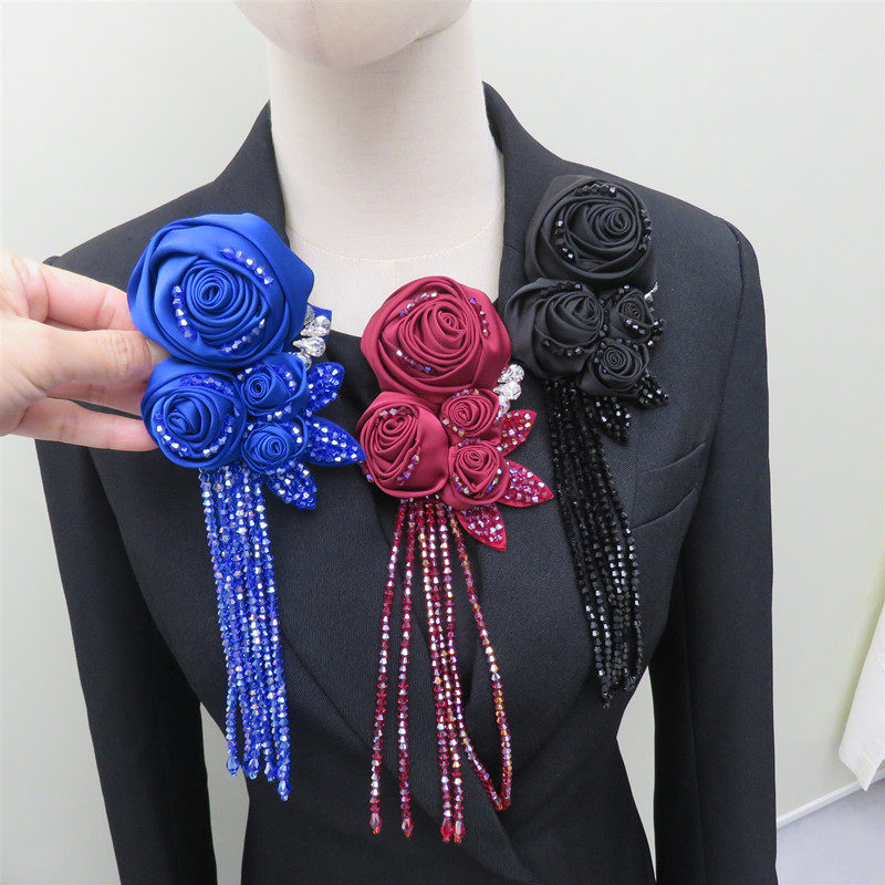 时尚长流苏布艺玫瑰包花朵胸针胸花女设计感西装旗袍毛衣别针配饰