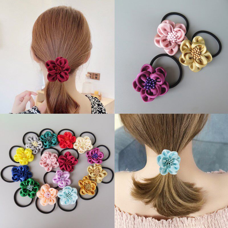 韩国流行红色五叶草头绳布艺花朵气质简约百搭发圈扎头发皮筋发饰