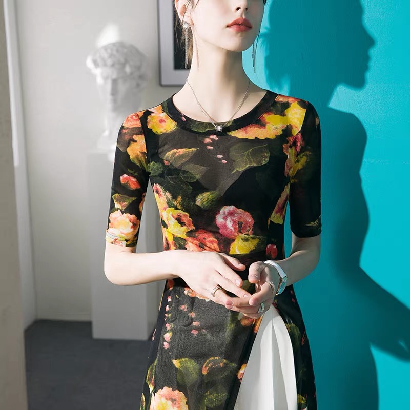 2026春款新款印花网纱T恤女中长款设计感五分袖上衣春季中袖小衫