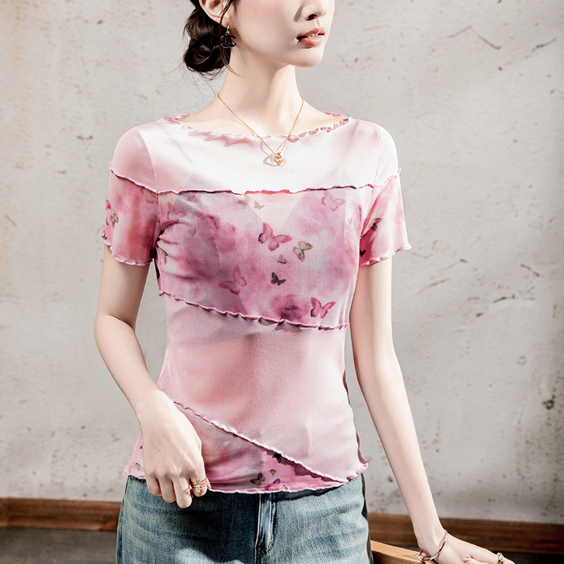 2025夏季新款薄款网纱透视上衣女短袖木耳边蝴蝶印花粉色拼接小衫