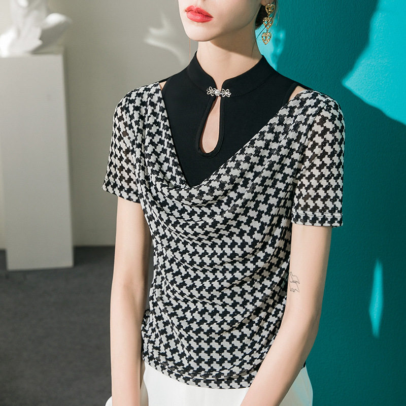 旗袍领镂空T恤女短袖亮丝洋气2026秋季半袖女装小衫千鸟格上衣