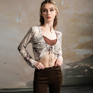 水墨晕染网纱长袖开衫女设计感短款瑜伽服外套女上衣配吊带裙罩衫