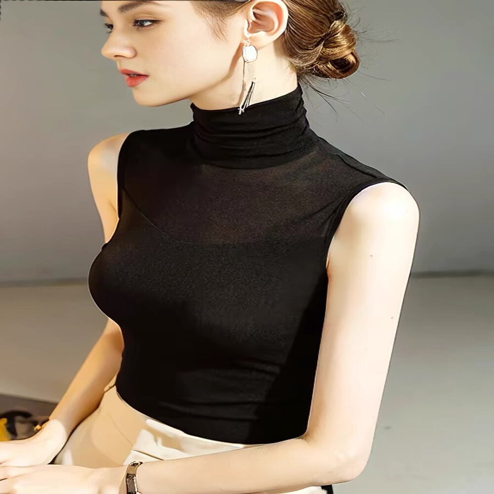 高领网纱背心女秋装沙t坎肩上衣黑色练功舞蹈纱衣蕾丝无袖打底衫