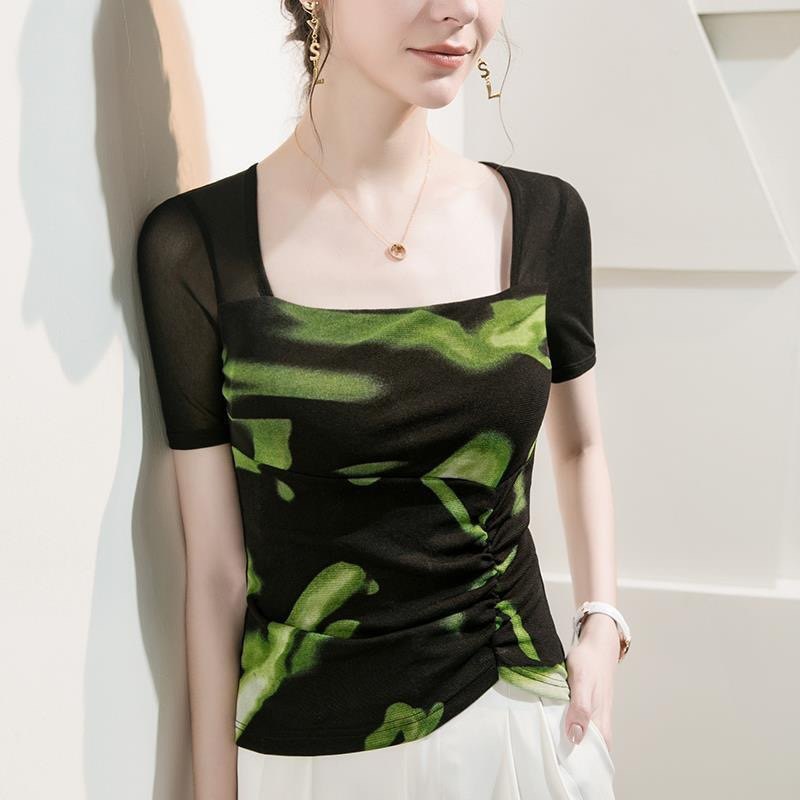 法式方领锁骨网纱T恤女修身短袖上衣2026夏季新款褶皱雪纺衫显瘦