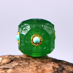 天然绿玛瑙镶嵌松石方糖通孔diy手工配件文玩佛珠手串项链