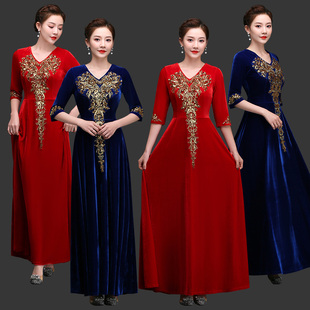 新款成人金丝绒中老年大合唱演出服女长裙指挥服朗诵比赛表演服