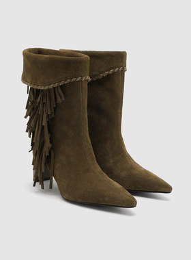 UR国内2025冬季新款女士气质百搭真皮复古流苏中靴UAWS60005