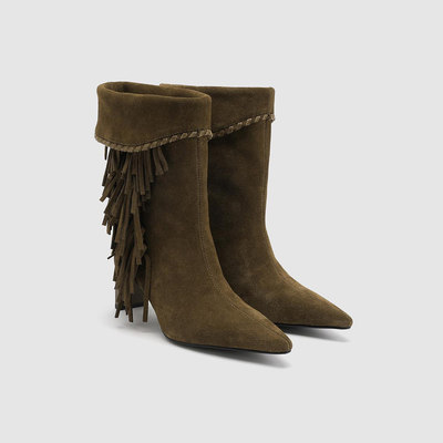 UR国内2025冬季新款女士气质百搭真皮复古流苏中靴UAWS60005