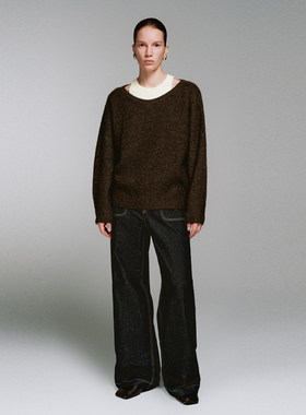 UR国内2025冬季女装时髦复古撞色明线阔腿牛仔长裤UWM850278