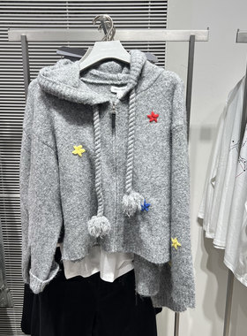 UR国内2025冬季女装潮流连帽抽绳星星提花针织开衫UYV960007
