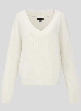 UR国内2025冬季女装时尚气质V领拼接蕾丝针织衫UWM950141