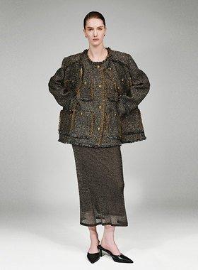 UR国内2025冬季女装休闲金丝毛边粗花呢含羊毛外套UWH160012