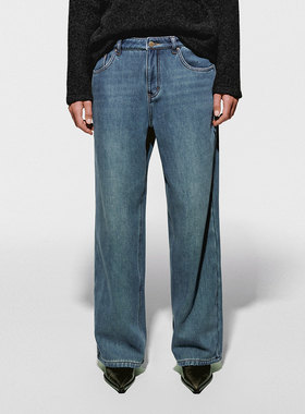 UR国内2025冬季女装气质做旧水洗加绒阔腿牛仔长裤UWM850281