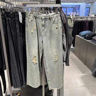 UR国内2025春季男装街头洗水破洞须边阔腿裤牛仔裤UMV850021