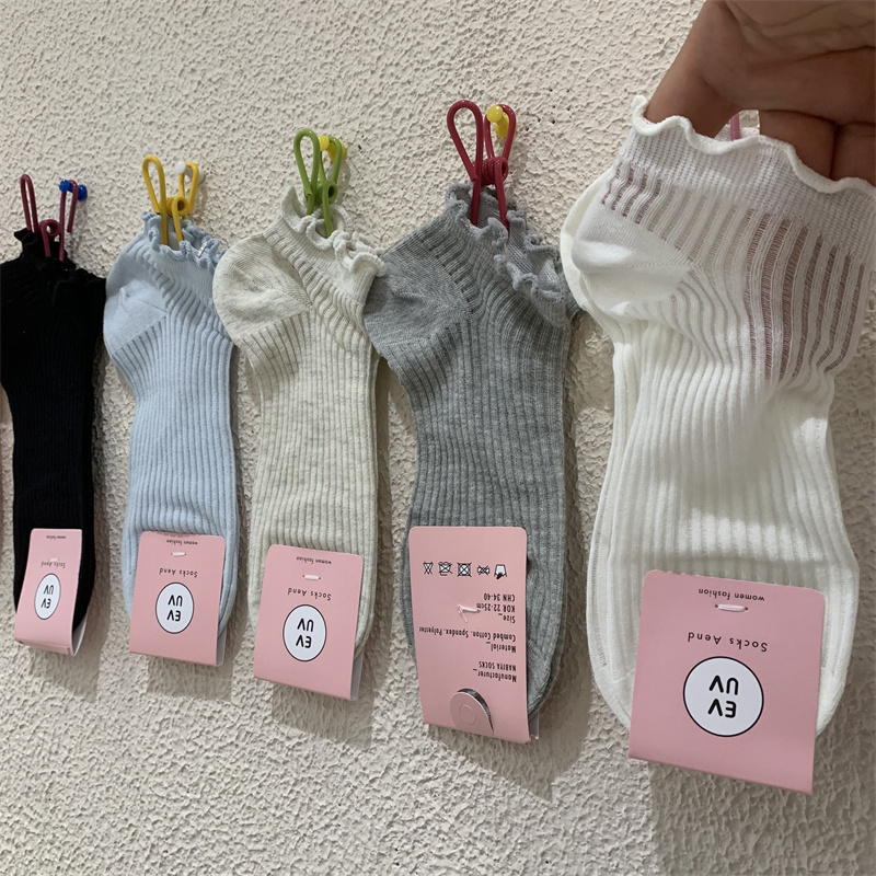 微透薄款纯色短筒女袜子夏季新款网红款透气木耳边坑条低帮矮腰袜