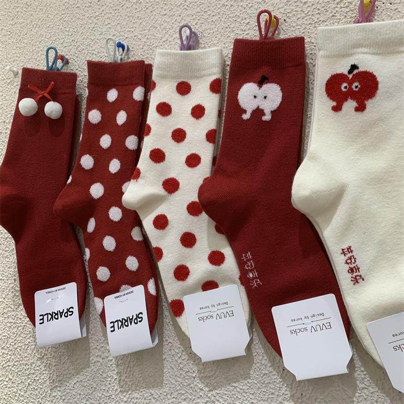 红色女袜子网红新年卡通苹果波点蝴蝶结羊绒保暖加厚本命年中筒袜,女士内衣/男士内衣/家居服,中筒袜,淘宝优惠券,粉丝福利购,淘宝优惠卷