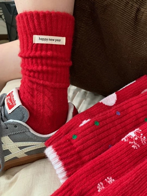 秋冬新年红羊绒字母女袜