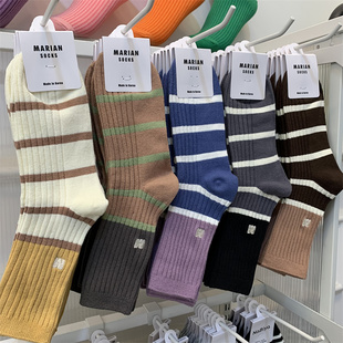 marian韩国女袜东大门秋季 学院拼色条纹刺绣字母m加长中筒袜 新款