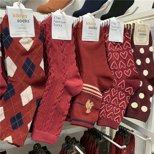 现货韩国新年红袜女袜子爱心菱形格春节袜本命年红色袜过年中筒袜