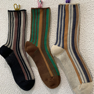 东大门韩袜街头网红款 女袜英伦拼色竖条纹复古双针针织弹力中筒袜