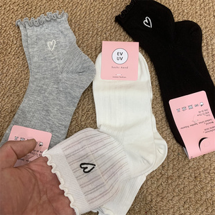 网红款 棉质透气中筒袜 微透女袜子韩系春夏新款 刺绣爱心木耳边薄款