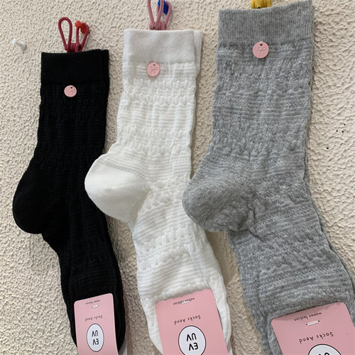 韩网红款夏季薄款女士袜子纯色泡泡褶皱薄款透气纽扣蝴蝶结中筒袜