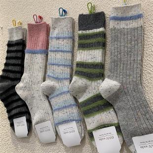 网红款加长袜筒毛毛条纹女袜子冬季新加厚保暖撞色横条羊毛中筒袜