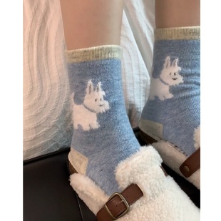 现货2024冬季新款羊毛女袜子韩东大门加厚保暖卡通小狗中筒堆堆袜