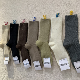 加厚保暖羊毛袜子女韩东大门2024秋冬新款亮片坑条羊绒中筒堆堆袜