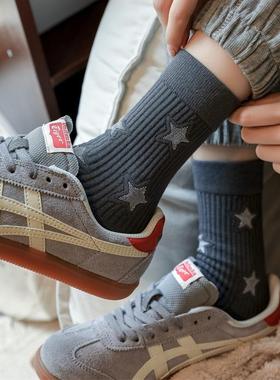 网红款双针五角星女袜子东大门秋季新款棉质坑条星星中筒袜堆堆袜