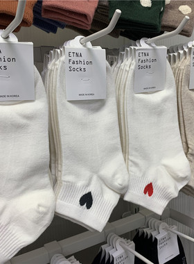 韩国女袜东大门ETNA袜子新款简约纯色四季低帮短筒袜爱心白色棉袜