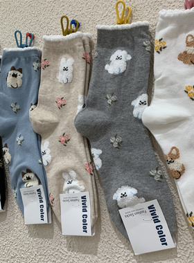 vivid color韩国东大门秋季新款女袜立体植绒卡通小狗花朵中筒袜