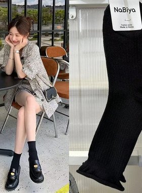 韩国女袜东大门黑色系纯色袜子百搭网红款坑条卷边棉质透气中筒袜