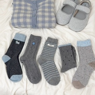 韩系灰色加厚羊毛女袜网红款 保暖羊绒袜egg标签条纹纽扣中筒袜子