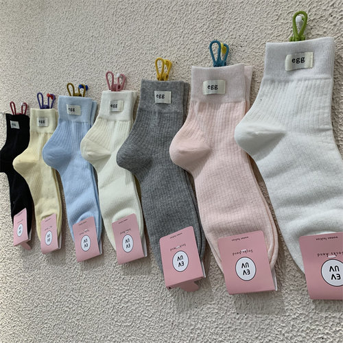 薄款纯色棉质微透女袜子网红款标签Egg坑条透气春夏新款短筒袜